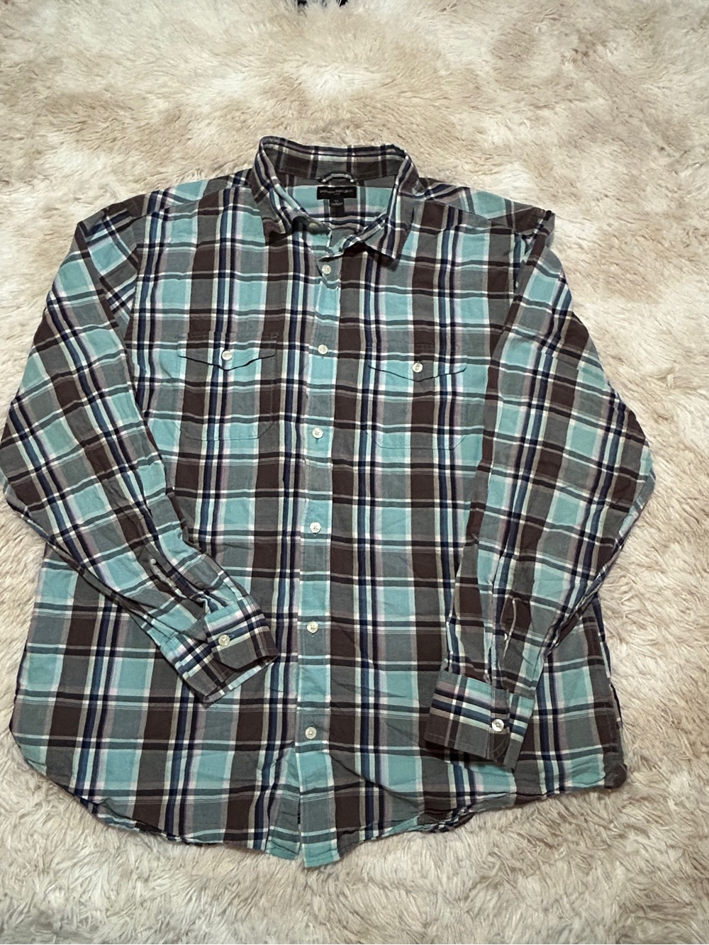 Banana Republic Teal and Black Plaid Button-Down Shirt